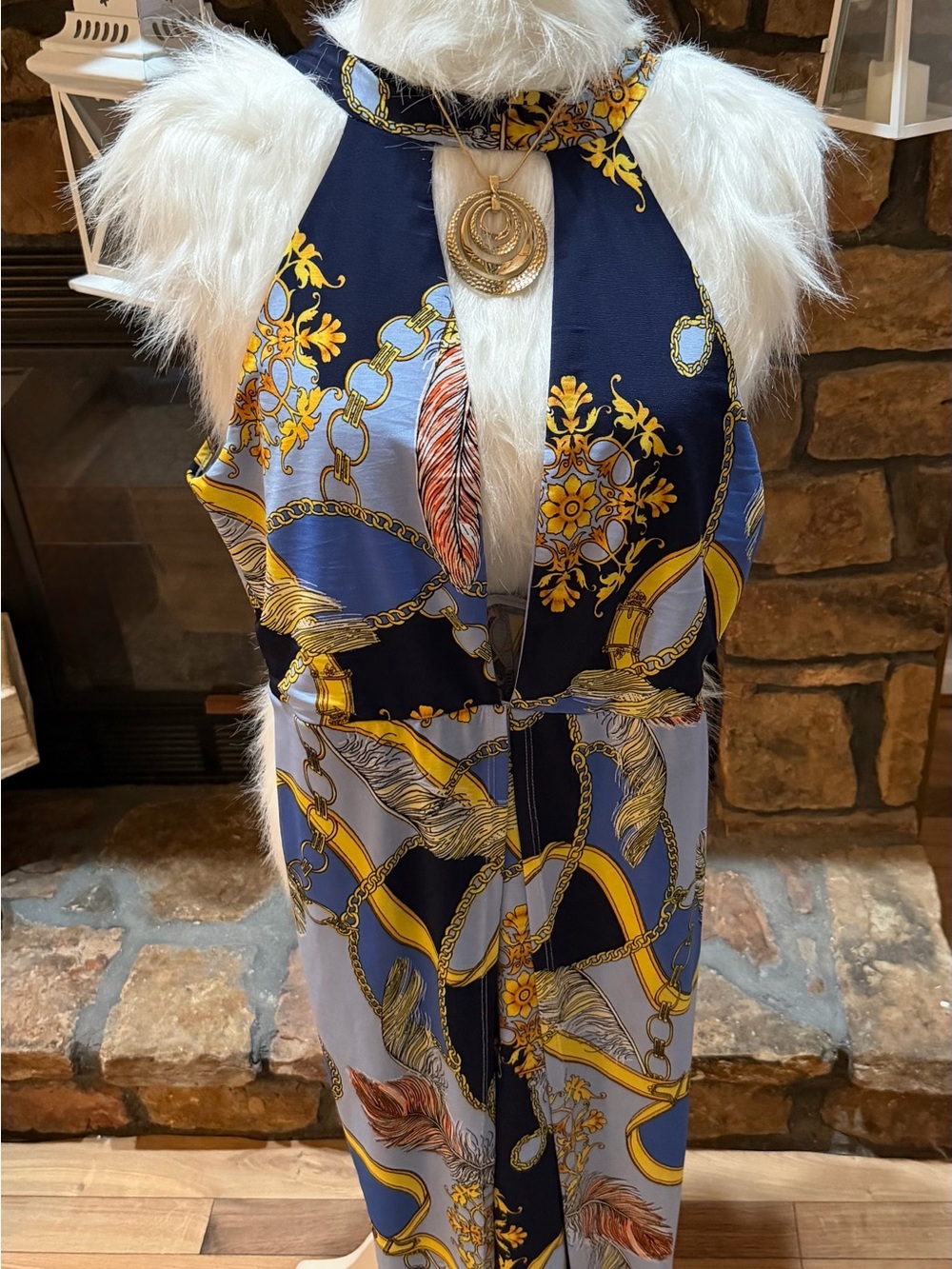 Silky Navy, Light Blue & Gold Printed Scarf Wrap
